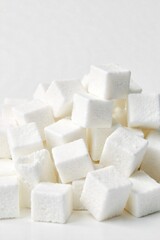 A minimalist pile of small, uniformly white sugar cubes on a stark white surface. A high angle close up of a small, precisely arranged but slightly uneven pile of uniformly white sugar cubes. The
