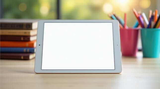 Tableta limpia con pantalla vacía sobre un escritorio de madera clara entre recipientes de plástico multicolores llenos de bolígrafos - Powered by Adobe