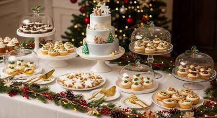 Naklejka premium Festive Christmas Dessert Table with Cakes and Cookies.