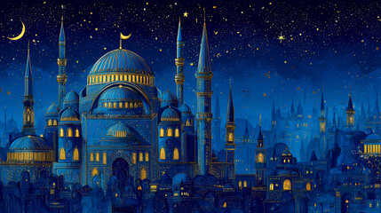 A radiant blue background illuminating a simple mosque and cityscape