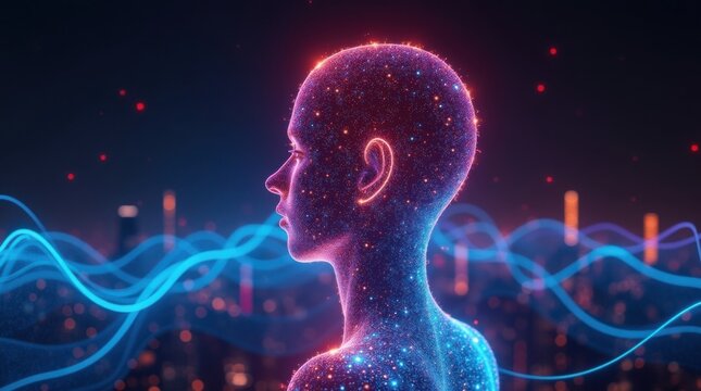 Silueta humana digital compuesta de partículas brillantes y estelas de luz neón entre flujo de datos