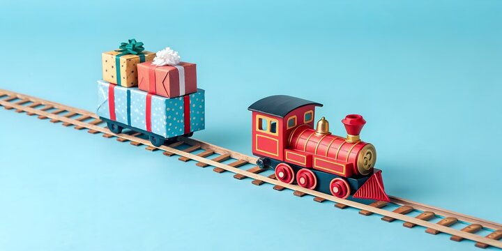 Whimsical toy train delivering colorful gifts on light blue background celebrates the joy of giving season - Powered by Adobe