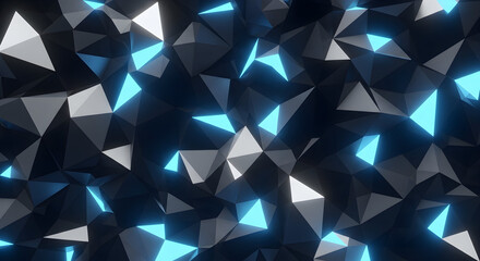 A dynamic abstract background of dark and light low-poly triangles with glowing blue neon light.