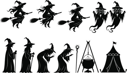 Witch silhouette vector set with flying broomsticks, ghosts, cauldron, and tent, perfect for Halloween, fantasy, magic, and folklore themes