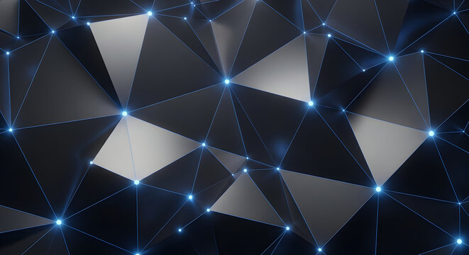 Abstract dark polygonal surface with a glowing blue network of nodes and connecting lines.