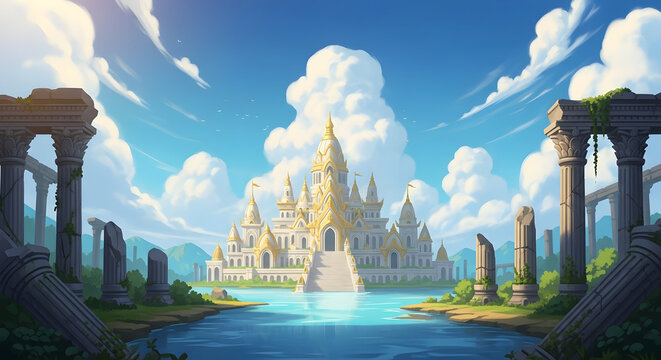 A majestic golden fantasy palace stands on a tranquil lake, framed by ancient ruins under a vibrant sky. - Powered by Adobe