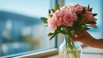 Cleaner placing final touches with floral air freshener in bright minimalist office — human-centered concept focusing on atmosphere, freshness, and the emotional satisfaction of a clean,