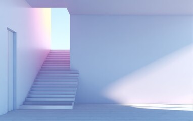 Obraz premium Interior scene of a modern architectural structure with ascending stairs. Sunlight illuminates walls