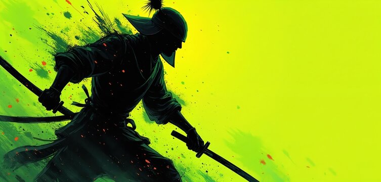 Samurai silhouette with katana sword on neon green background. Japanese warrior in dynamic pose with motion blur and paint splatter effect. Abstract artwork of a fighter.