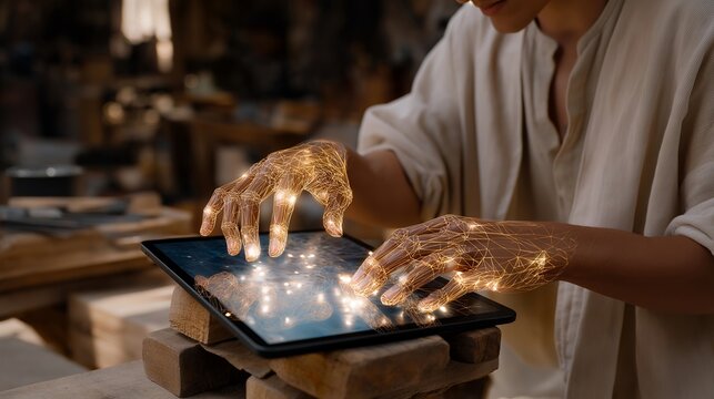 Close-up of artisan’s hands overlaid with 3D scan holograms on engineer’s tablet — representing fusion of craft and engineering, digital archiving of cultural heritage, and mentorship in creative