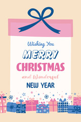Colourful Christmas greeting card in cartoon style. Funny hand drawn presents. Vector illustration