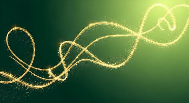 An elegant, swirling ribbon of golden sparkling light flows magically across a dark green gradient background.
