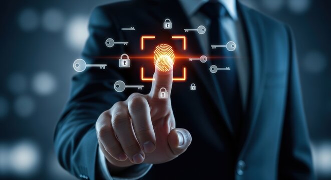 Man secures digital access using fingerprint scan with security keys and padlock icons demonstrating biometric technology - Powered by Adobe