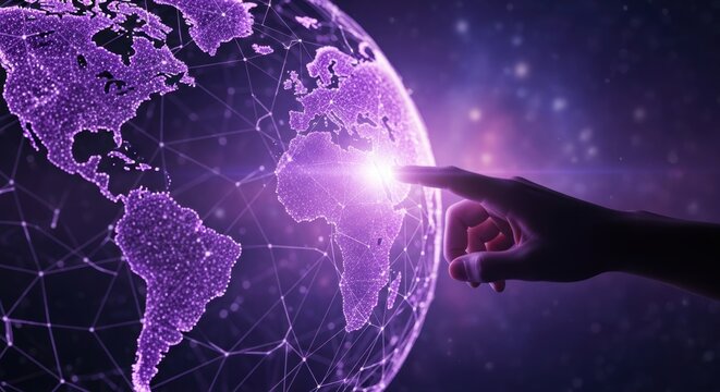 Digital world connection shown as a purple globe with interconnected continents and a hand touching Africa in a futuristic style