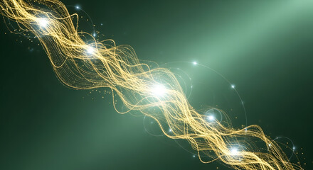 A luminous wave of golden light particles and sparkling trails flows across a dark green background.