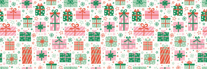Colourful seamless pattern with presents in cartoon style. Banner. Vector illustration