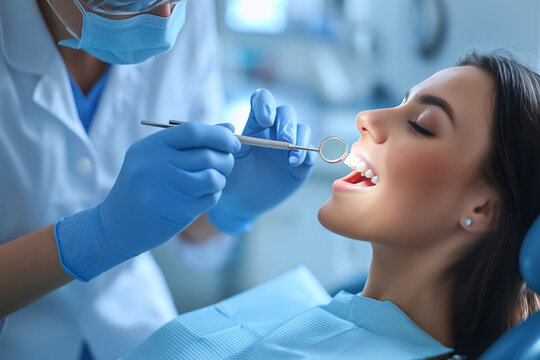 Dynamic clinical scene of a dentist examining a patient during a regular oral check-up. Professional dental check-up. Dentistry, patient care, oral hygiene services, healthcare professionalism.