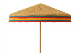 Straw beach umbrella with rasta stripes, providing summer shade and tropical relaxation on transparent background