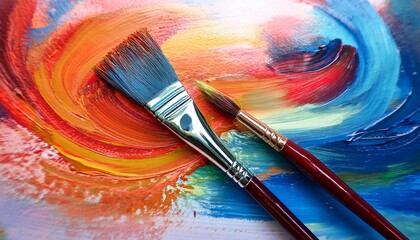 two paintbrushes poised mid stroke colors swirling on a canvas a vibrant dialogue of hues close up shot emphasizing texture and artistic process watercolor paint painting