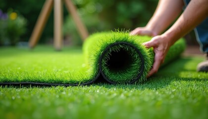 Worker unfolds fresh artificial turf roll in garden. Man installs new lawn grass cover in backyard. Hard-wearing synthetic turf surface ensures low maintenance. Landscaping for eco friendly home