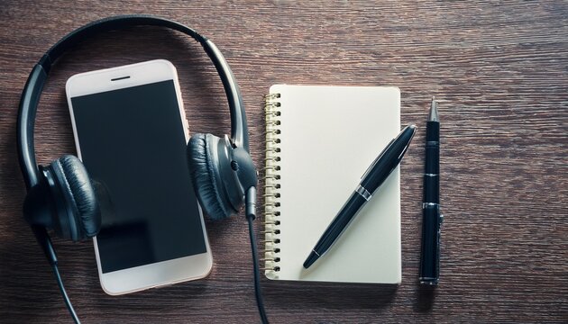 ai assistant on phone next to headphones notebook and pen