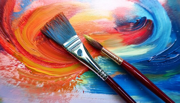two paintbrushes poised mid stroke colors swirling on a canvas a vibrant dialogue of hues close up shot emphasizing texture and artistic process watercolor paint painting