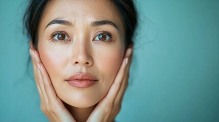 The face of an Asian woman with delicate skin tones and her hands under her chin conveys calmness and peacefulness, ideal for the main background in cosmetics and skincare advertising.