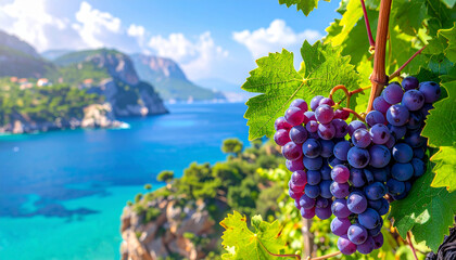 Ripe grapes hanging, overlooking turquoise sea and coastal mountains