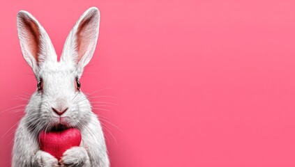 Obraz premium A fluffy white bunny holding a red heart against a vibrant pink background