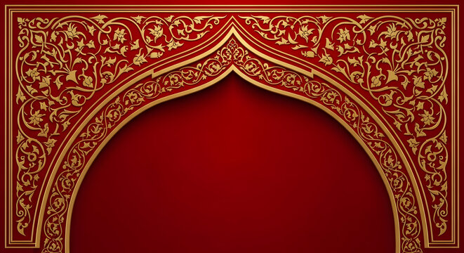 A decorative golden arch with intricate floral and vine patterns on a rich red background.