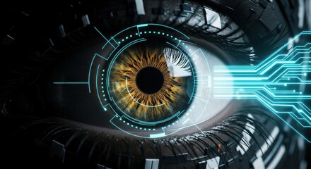 Human eye detailed iris texture with futuristic digital technology interface overlay providing a view of the future