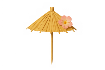 Tiki cocktail umbrella with pink flower on top, representing summer, tropical parties, and refreshing drinks
