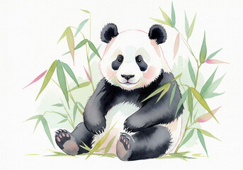 Watercolor baby panda hugging a bamboo stem, soft edges, light ink outlines, minimalistic composition, calm and serene atmosphere, hand-painted look 