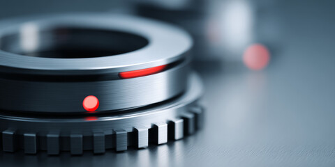 Close-up of metallic camera lens mount adapter with red indicator lights on brushed metal surface in shallow focus