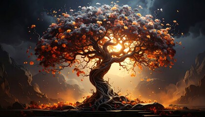 A surreal digital artwork showing a twisted tree ablaze with orange and white foliage, illuminated by a brilliant light