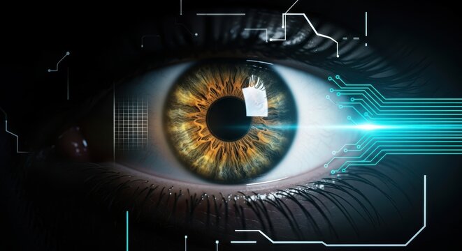 Human eye with digital circuit pattern overlaid representing future technology artificial intelligence and neural network