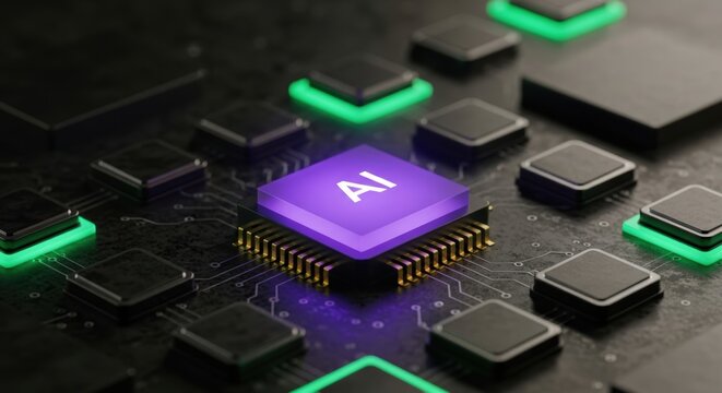 Processor chip with circuits representing technological advancement and computing power in a futuristic design showing data processing