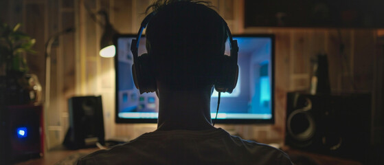 A gamer wearing headphones is focused on the game in front of the monitor in a darkened room, conveying his enthusiasm for the virtual world, the main backdrop for gaming device reviews.