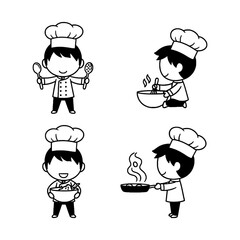 Cartoon Line Drawing of Chefs in Traditional Kitchen Uniforms Performing Various Cooking Activities