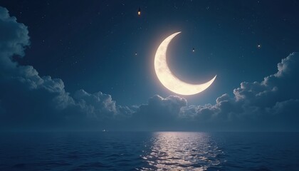 Crescent moon shines above ocean water. Dark sky filled stars lanterns. Concept of Ramadan celebration. Islamic cultural tradition is reflected in the picture which represents worship and faith.