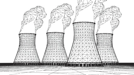 Wireframe Illustration of Cooling Towers with Smoke Plumes