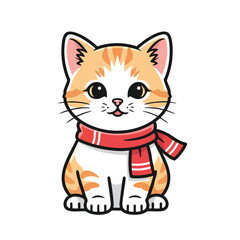 Fototapeta premium Adorable Cartoon Kitten with Red Striped Scarf Illustration