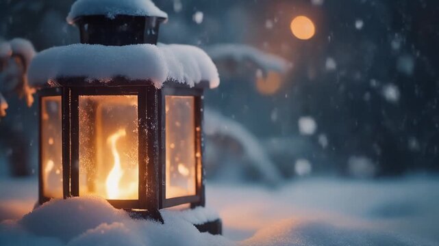 Cinematic close up of a snow covered lantern flickering softly at dusk