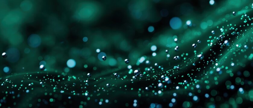 Abstract Dark Teal Background with Shimmering Spheres and Luminous Bokeh