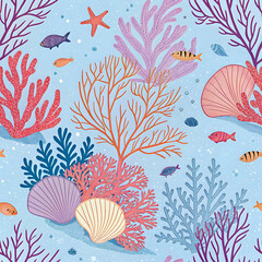 Colorful underwater coral and shells pattern with tiny fish silhouettes, seamless ocean theme