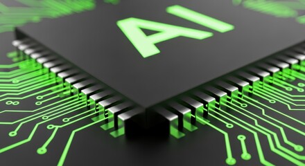Fototapeta premium Microchip with green glowing lines symbolizes artificial intelligence and the future of technology innovation