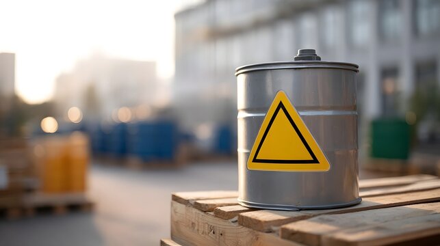 A metal barrel with a yellow hazard warning symbol rests on wooden pallets in a blurred industrial setting at dawn