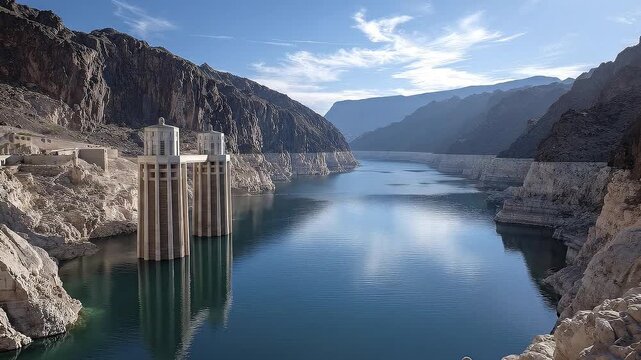 View of water and towers at Hoover Dam showing low water level and rocky surroundings