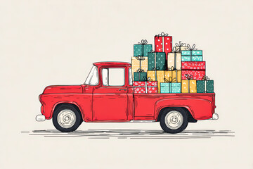 Red vintage truck filled with colorful Christmas gifts, symbolizing holiday joy and celebration