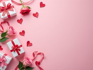 Beautiful Valentine's Day gifts, pink roses, and heart decorations on a soft pink background, celebrating love and romance with a festive touch